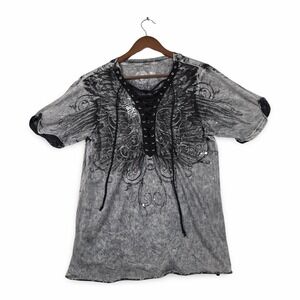 Affliction Live Fast Angel Wings Lace Up Grey Mineral Wash Y2K Shirt Womens Sz L